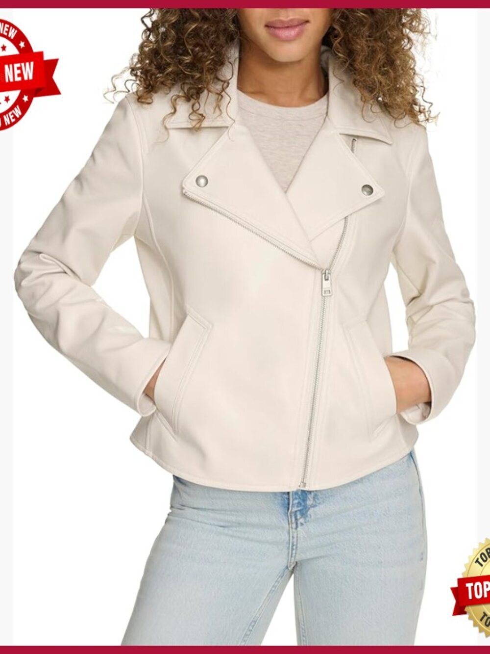 Faux Leather Moto Jacket with Welt Pockets, Straight Fit, Long Sleeve